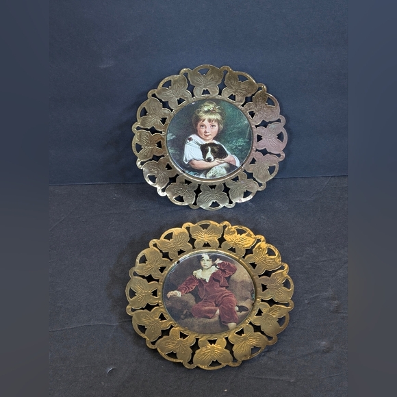 Brass Metal Framed Wall Art Set of 2, featuring a Boy and Girl with a dog - Picture 2 of 5